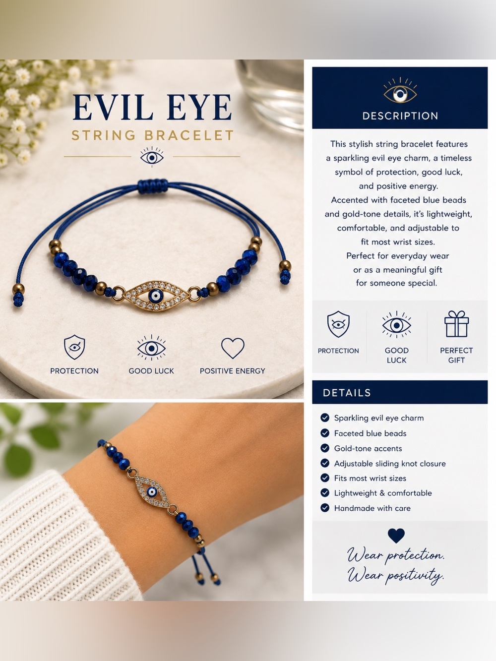 🧿Evil Eye String Bracelet - Blue with Gold Accents🧿
